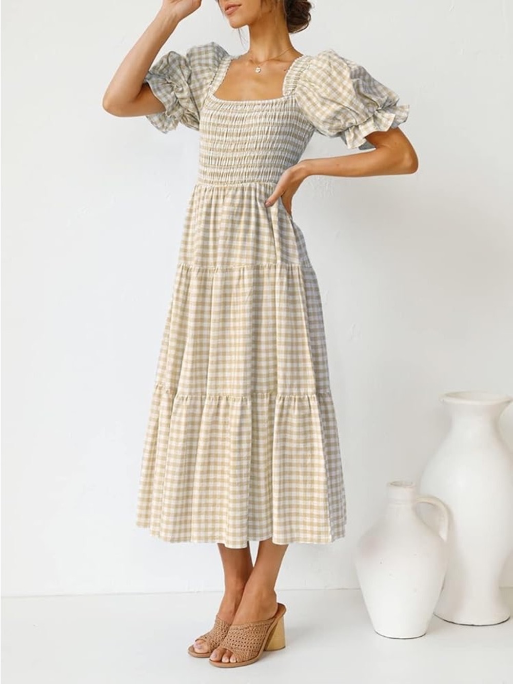 Gingham Smocked Maxi Dress with Puff Sleeves - Beige